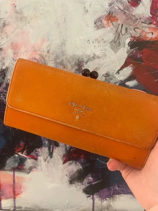 Prada Orange Leather Continental Wallet Gold Logo Zip Clutch - Picture 2 of 14
